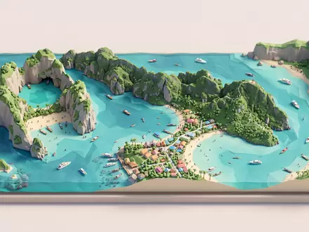 Isometrisches Diorama von Phi-Phi-Inseln und Umgebung in Krabi Thailand, verspielte Low-Poly-Kulisse in Pastellfarben - Foto: THN