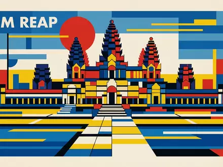 Bauhaus-Poster als geometrische Abstraktion von Angkor Wat in Siem Reap Kambodscha, kraeftige Grundfarben und harte - Foto: THN