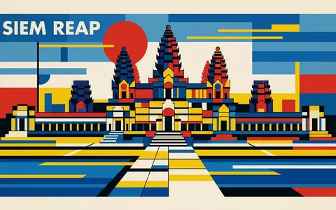 Bauhaus-Poster als geometrische Abstraktion von Angkor Wat in Siem Reap Kambodscha, kraeftige Grundfarben und harte - Foto: THN