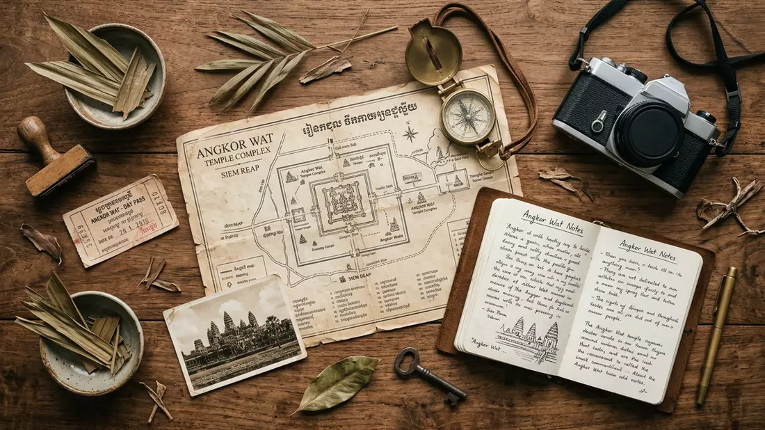 Flatlay-Reise-Arrangement rund um Angkor Wat in Siem Reap, Kambodscha