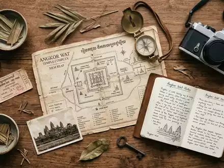 Flatlay-Reise-Arrangement rund um Angkor Wat in Siem Reap Kambodscha, Karte Kompass Kamera und generische Reiserequisiten - Foto: THN