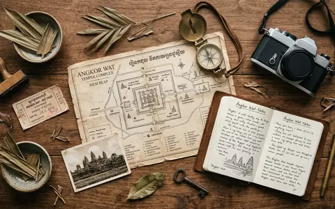 Flatlay-Reise-Arrangement rund um Angkor Wat in Siem Reap Kambodscha, Karte Kompass Kamera und generische Reiserequisiten - Foto: THN