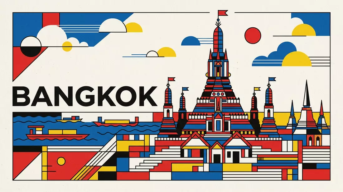 Bauhaus-Poster als Abstraktion von Wat Arun Bangkok in Bangkok, Thailand
