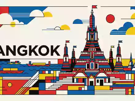 Bauhaus-Poster als geometrische Abstraktion von Wat Arun Bangkok in Bangkok Thailand, kraeftige Grundfarben und harte - Foto: THN