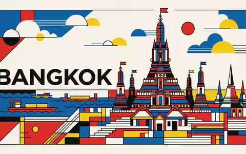 Bauhaus-Poster als geometrische Abstraktion von Wat Arun Bangkok in Bangkok Thailand, kraeftige Grundfarben und harte - Foto: THN