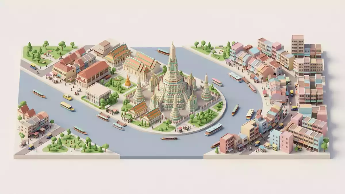 Isometrisches Diorama von Wat Arun Bangkok in Bangkok, Thailand in Pastell