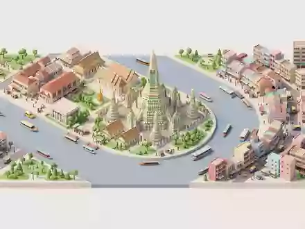 Isometrisches Diorama von Wat Arun Bangkok und Umgebung in Bangkok Thailand, verspielte Low-Poly-Kulisse in Pastellfarben - Foto: THN