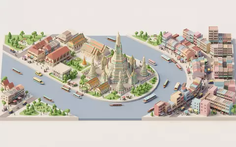Isometrisches Diorama von Wat Arun Bangkok und Umgebung in Bangkok Thailand, verspielte Low-Poly-Kulisse in Pastellfarben - Foto: THN