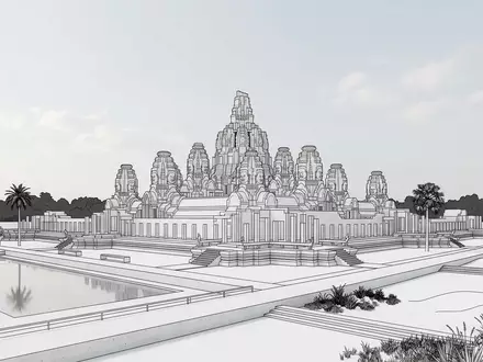 Moderner Architektur-Render zeigt Silhouette von Bayon-Tempel in Siem Reap Kambodscha, klare Linien und neutrales Tageslicht - Foto: THN