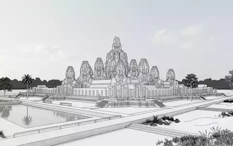 Moderner Architektur-Render zeigt Silhouette von Bayon-Tempel in Siem Reap Kambodscha, klare Linien und neutrales Tageslicht - Foto: THN