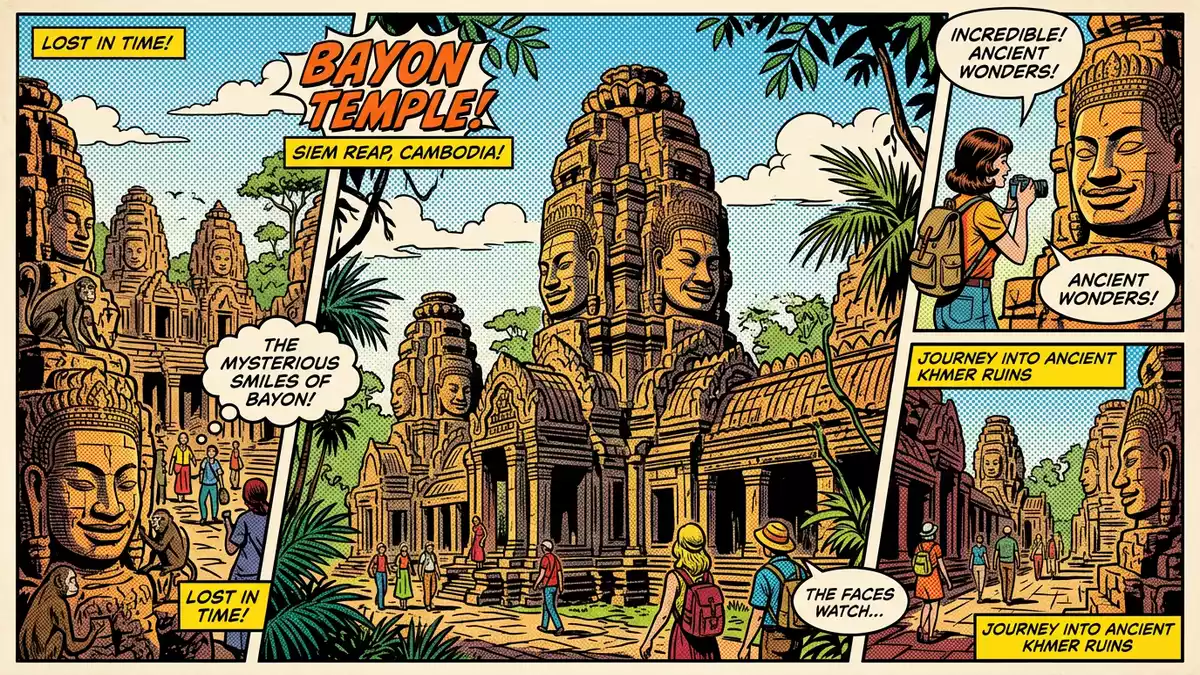 Pop-Art-Comic von Bayon-Tempel in Siem Reap, Kambodscha mit Rasterpunkten