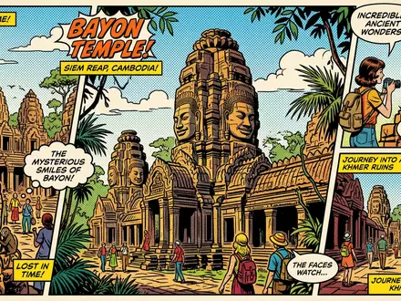 Pop-Art-Comicillustration des Wahrzeichens Bayon-Tempel in Siem Reap Kambodscha, kraeftige Konturen Rasterpunkte und satte Farben - Foto: THN