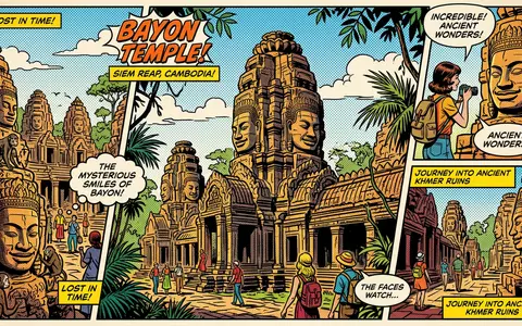 Pop-Art-Comicillustration des Wahrzeichens Bayon-Tempel in Siem Reap Kambodscha, kraeftige Konturen Rasterpunkte und satte Farben - Foto: THN