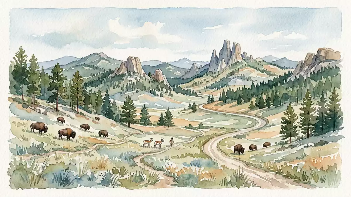 Aquarell-Illustration von Custer State Park in Custer, USA als Reiseposter