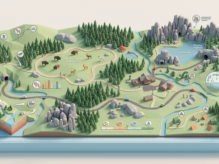 Isometrisches Diorama von Custer State Park und Umgebung in Custer USA, verspielte Low-Poly-Kulisse in Pastellfarben - Foto: THN