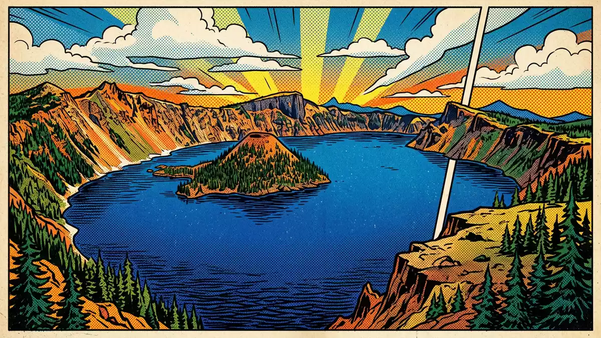 Pop-Art-Comic von Crater-Lake-Nationalpark in Crater Lake, USA mit Rasterpunkten