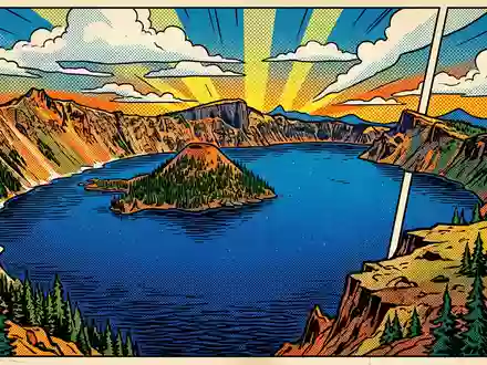 Pop-Art-Comicillustration des Wahrzeichens Crater-Lake-Nationalpark in Crater Lake USA, kraeftige Konturen Rasterpunkte und satte Farben - Foto: THN