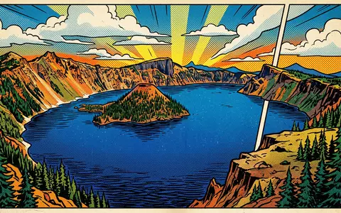 Pop-Art-Comicillustration des Wahrzeichens Crater-Lake-Nationalpark in Crater Lake USA, kraeftige Konturen Rasterpunkte und satte Farben - Foto: THN