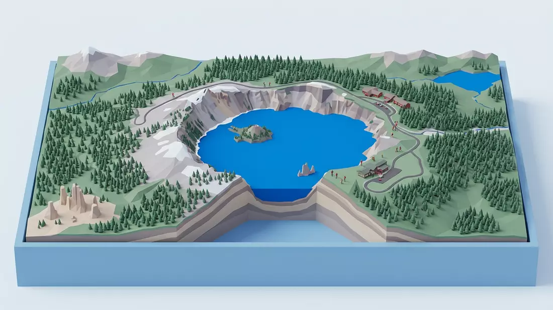 Isometrisches Diorama von Crater-Lake-Nationalpark in Crater Lake, USA in Pastell