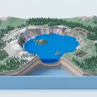 Isometrisches Diorama von Crater-Lake-Nationalpark und Umgebung in Crater Lake USA, verspielte Low-Poly-Kulisse in Pastellfarben - Foto: THN