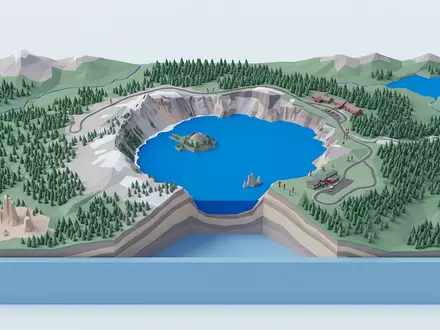 Isometrisches Diorama von Crater-Lake-Nationalpark und Umgebung in Crater Lake USA, verspielte Low-Poly-Kulisse in Pastellfarben - Foto: THN