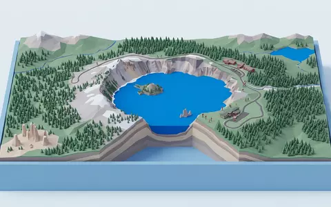 Isometrisches Diorama von Crater-Lake-Nationalpark und Umgebung in Crater Lake USA, verspielte Low-Poly-Kulisse in Pastellfarben - Foto: THN
