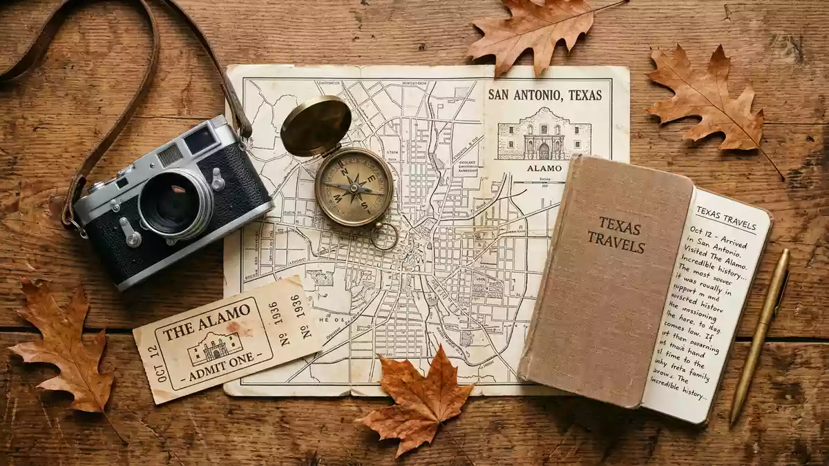 Flatlay-Reise-Arrangement rund um The Alamo in San Antonio, USA