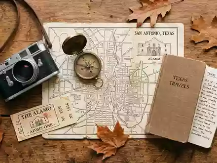 Flatlay-Reise-Arrangement rund um The Alamo in San Antonio USA, Karte Kompass Kamera und generische Reiserequisiten - Foto: THN