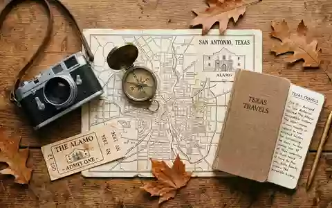 Flatlay-Reise-Arrangement rund um The Alamo in San Antonio USA, Karte Kompass Kamera und generische Reiserequisiten - Foto: THN