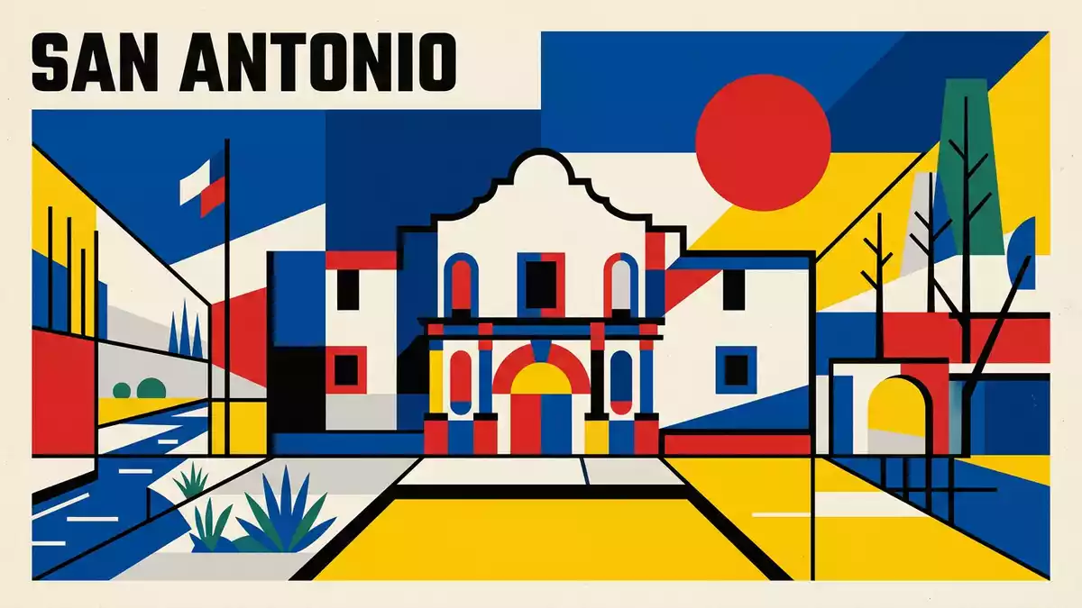 Bauhaus-Poster als Abstraktion von The Alamo in San Antonio, USA