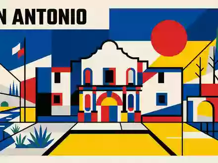 Bauhaus-Poster als geometrische Abstraktion von The Alamo in San Antonio USA, kraeftige Grundfarben und harte - Foto: THN