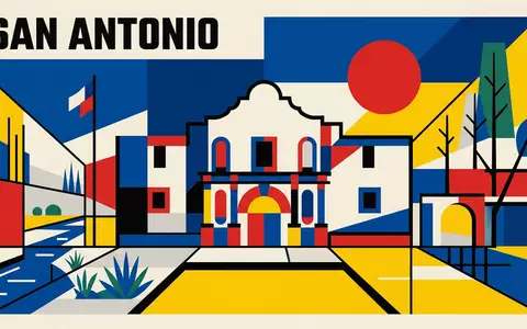 Bauhaus-Poster als geometrische Abstraktion von The Alamo in San Antonio USA, kraeftige Grundfarben und harte - Foto: THN