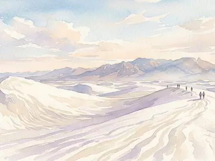 Aquarellillustration des Wahrzeichens White-Sands-Nationalpark in Alamogordo USA, weiche Farbverläufe und pastelliges Reiseposter-Feeling - Foto: THN