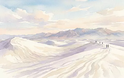 Aquarellillustration des Wahrzeichens White-Sands-Nationalpark in Alamogordo USA, weiche Farbverläufe und pastelliges Reiseposter-Feeling - Foto: THN