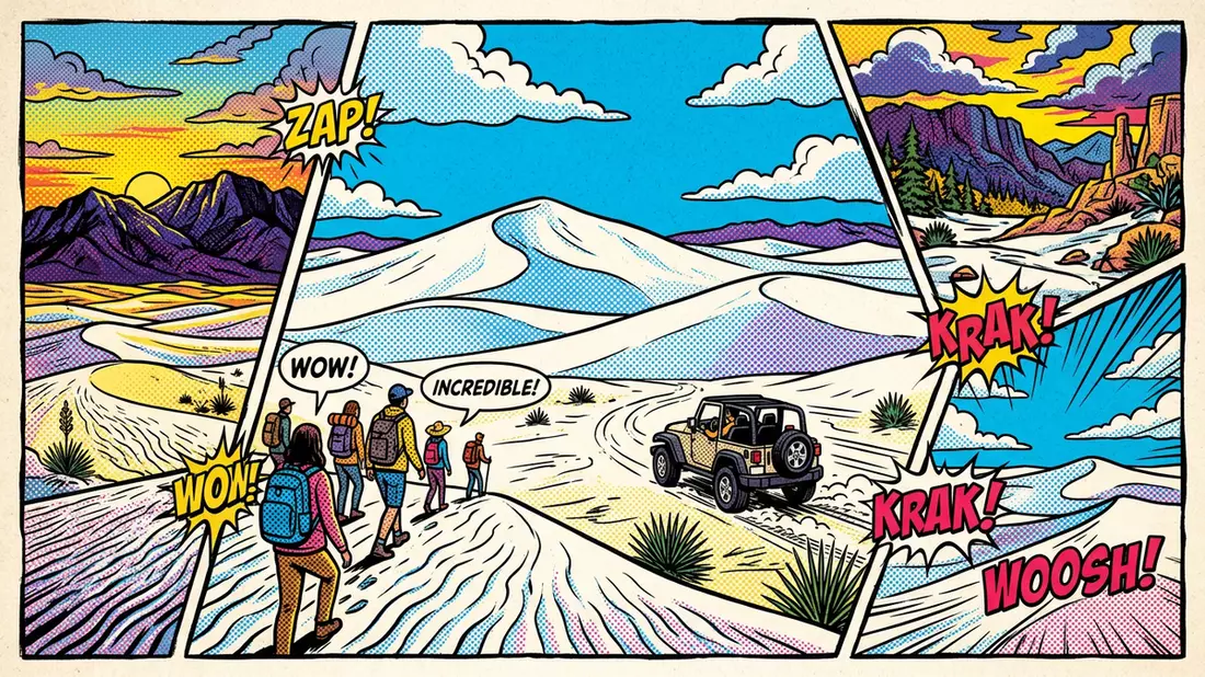 Pop-Art-Comic von White-Sands-Nationalpark in Alamogordo, USA mit Rasterpunkten