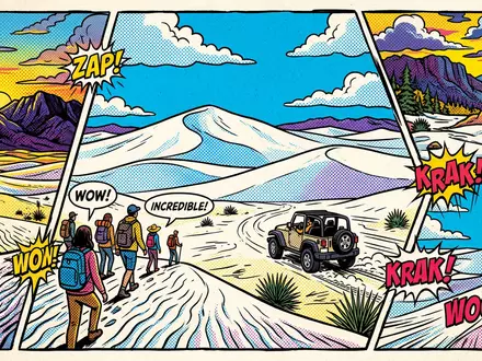 Pop-Art-Comicillustration des Wahrzeichens White-Sands-Nationalpark in Alamogordo USA, kraeftige Konturen Rasterpunkte und satte Farben - Foto: THN