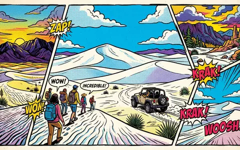 Pop-Art-Comicillustration des Wahrzeichens White-Sands-Nationalpark in Alamogordo USA, kraeftige Konturen Rasterpunkte und satte Farben - Foto: THN