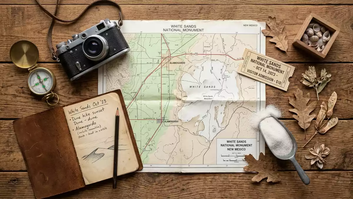 Flatlay-Reise-Arrangement rund um White-Sands-Nationalpark in Alamogordo, USA