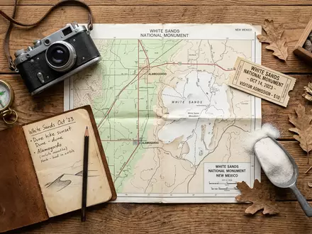 Flatlay-Reise-Arrangement rund um White-Sands-Nationalpark in Alamogordo USA, Karte Kompass Kamera und generische Reiserequisiten - Foto: THN