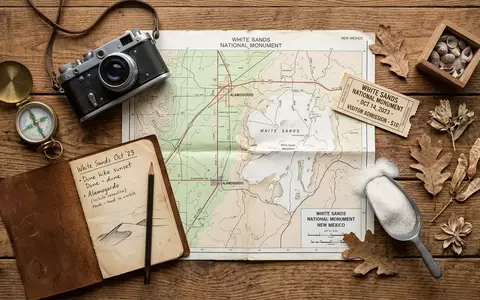 Flatlay-Reise-Arrangement rund um White-Sands-Nationalpark in Alamogordo USA, Karte Kompass Kamera und generische Reiserequisiten - Foto: THN