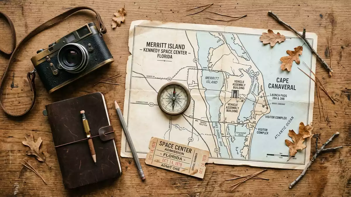 Flatlay-Reise-Arrangement rund um Kennedy Space Center in Merritt Island, USA