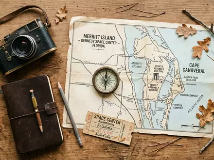 Flatlay-Reise-Arrangement rund um Kennedy Space Center in Merritt Island USA, Karte Kompass Kamera und generische - Foto: THN