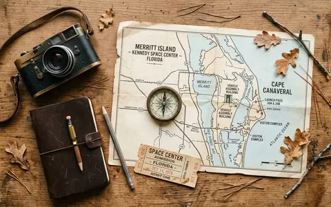 Flatlay-Reise-Arrangement rund um Kennedy Space Center in Merritt Island USA, Karte Kompass Kamera und generische - Foto: THN