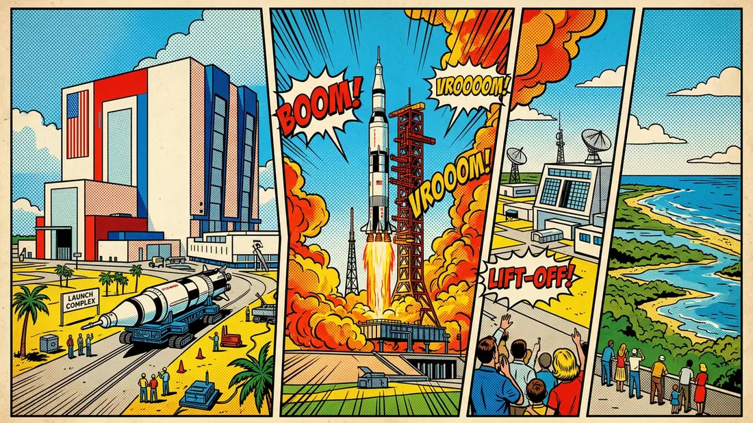 Pop-Art-Comic von Kennedy Space Center in Merritt Island, USA mit Rasterpunkten