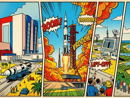 Pop-Art-Comicillustration des Wahrzeichens Kennedy Space Center in Merritt Island USA, kraeftige Konturen Rasterpunkte und satte - Foto: THN