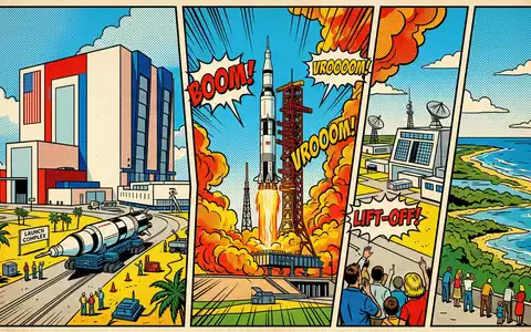 Pop-Art-Comicillustration des Wahrzeichens Kennedy Space Center in Merritt Island USA, kraeftige Konturen Rasterpunkte und satte - Foto: THN