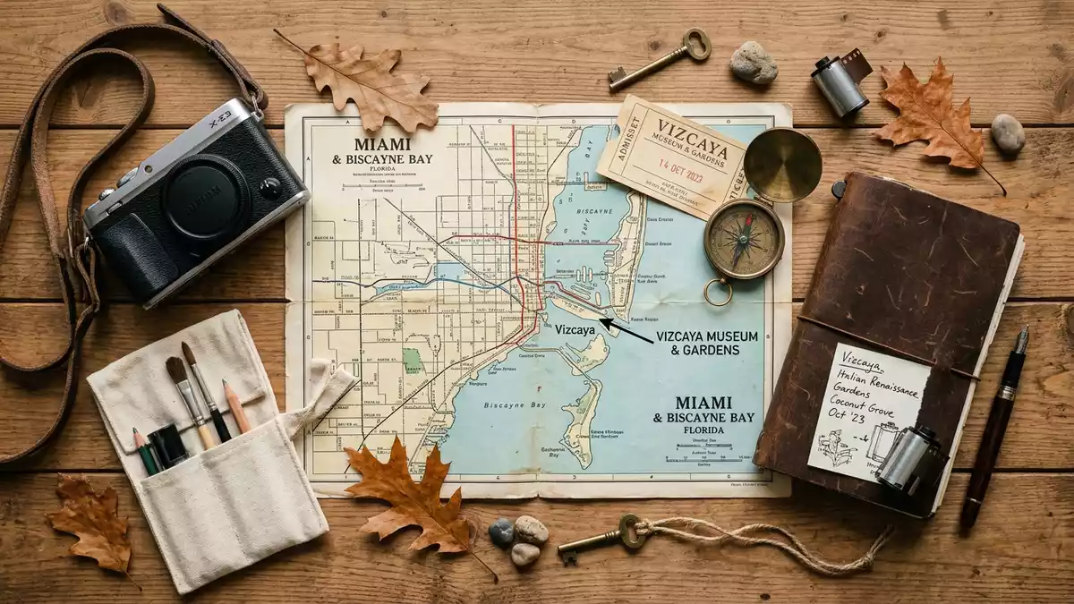 Flatlay-Reise-Arrangement rund um Vizcaya Museum and Gardens in Miami, USA