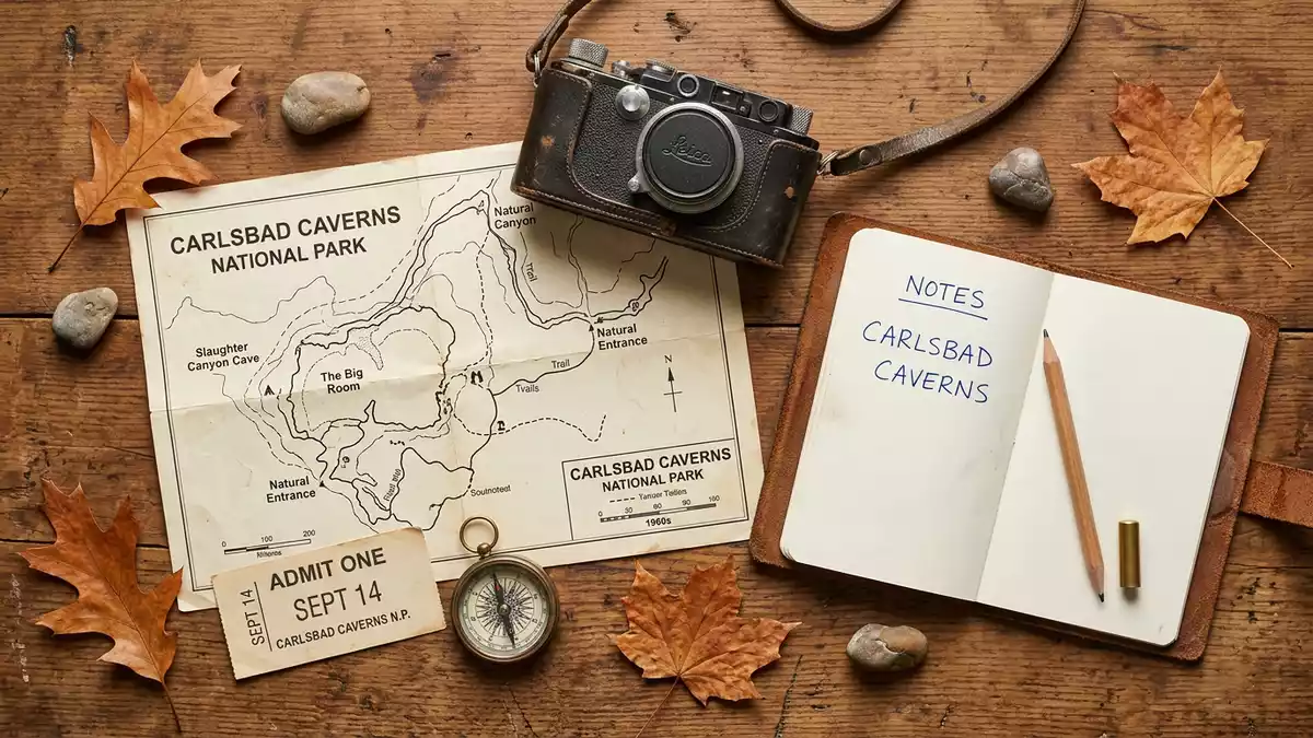 Flatlay-Reise-Arrangement rund um Carlsbad-Caverns-Nationalpark in Carlsbad, USA