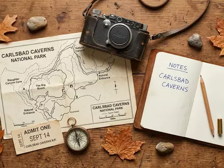 Flatlay-Reise-Arrangement rund um Carlsbad-Caverns-Nationalpark in Carlsbad USA, Karte Kompass Kamera und generische Reiserequisiten - Foto: THN
