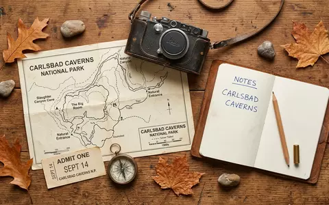 Flatlay-Reise-Arrangement rund um Carlsbad-Caverns-Nationalpark in Carlsbad USA, Karte Kompass Kamera und generische Reiserequisiten - Foto: THN